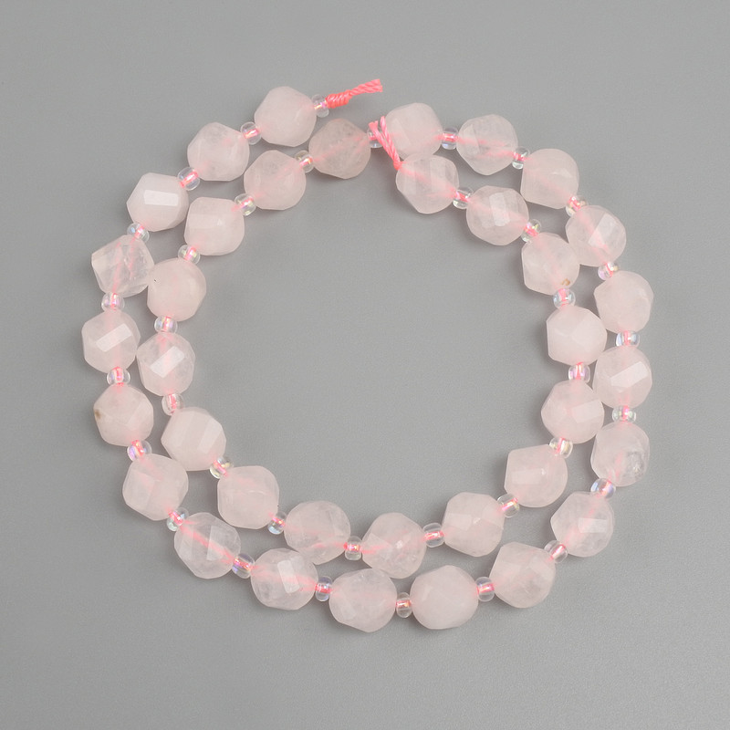 Rose Quartz Faceted Diamond-shaped Beads, 8x7.5mm, 5mm+- seed beads 3mm+-, string length 36cm+