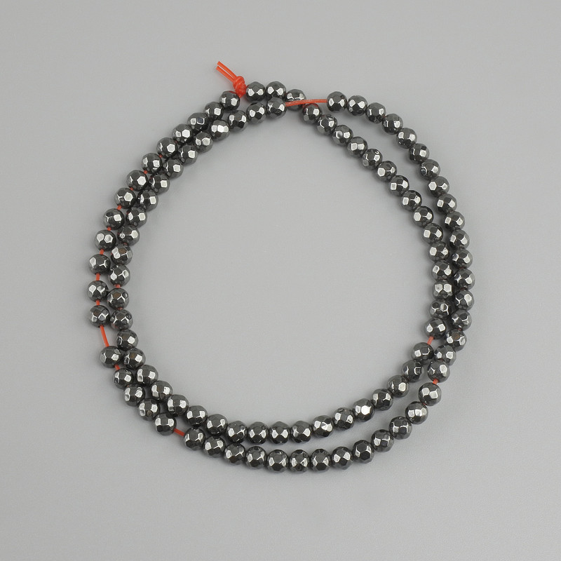 Faceted Hematite Beads 4mm Round, 38cm on fishing line