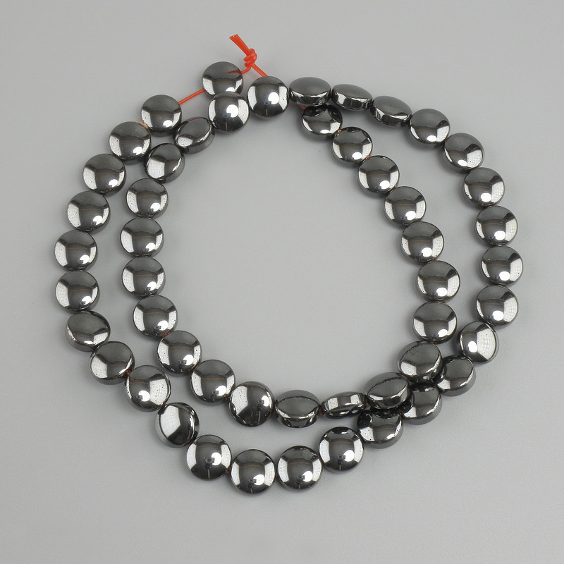 Hematite Beads Coin Shape, 8mm diameter ±, 41cm strand ± on thread