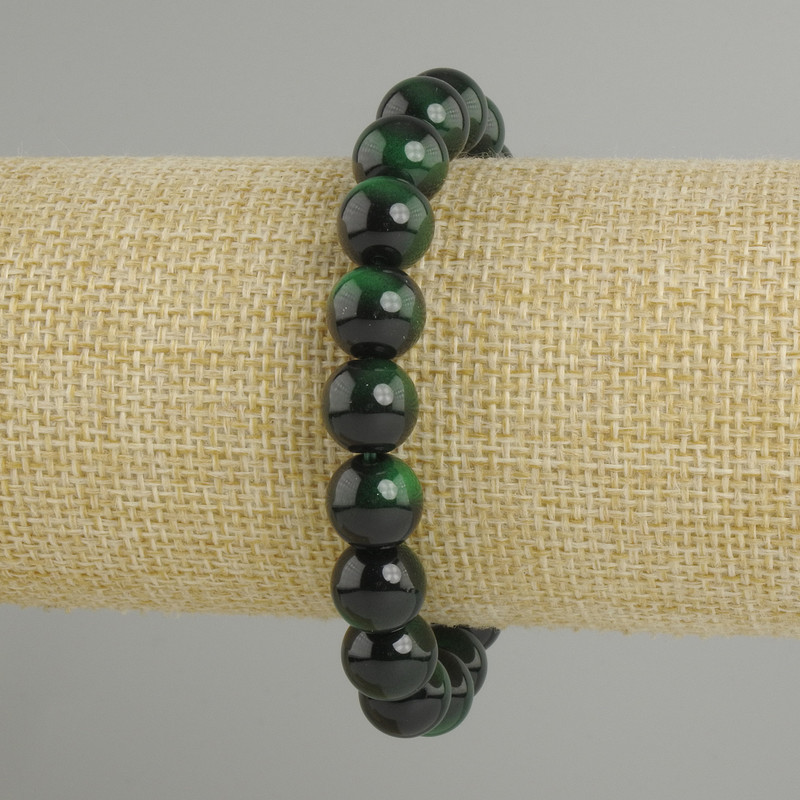 Bracelet green Tiger's Eye smooth beads, diameter 10mm±, length 18cm± stretch