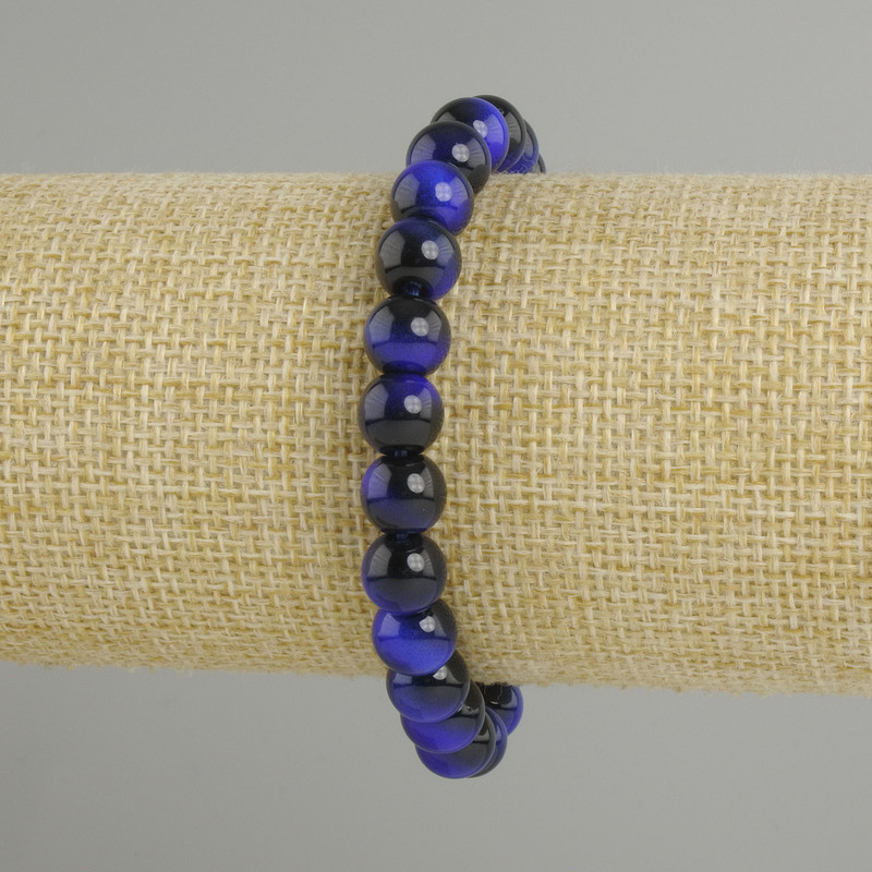 Blue Tiger’s Eye Bracelet, smooth round beads 8mm dia., stretch 18cm adjustable