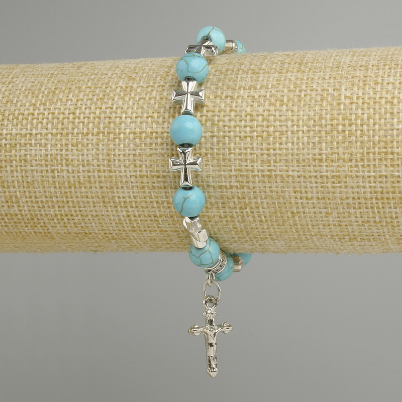 Bracelet Turquoise smooth beads 8mm, length 18cm with inserts and cross pendant