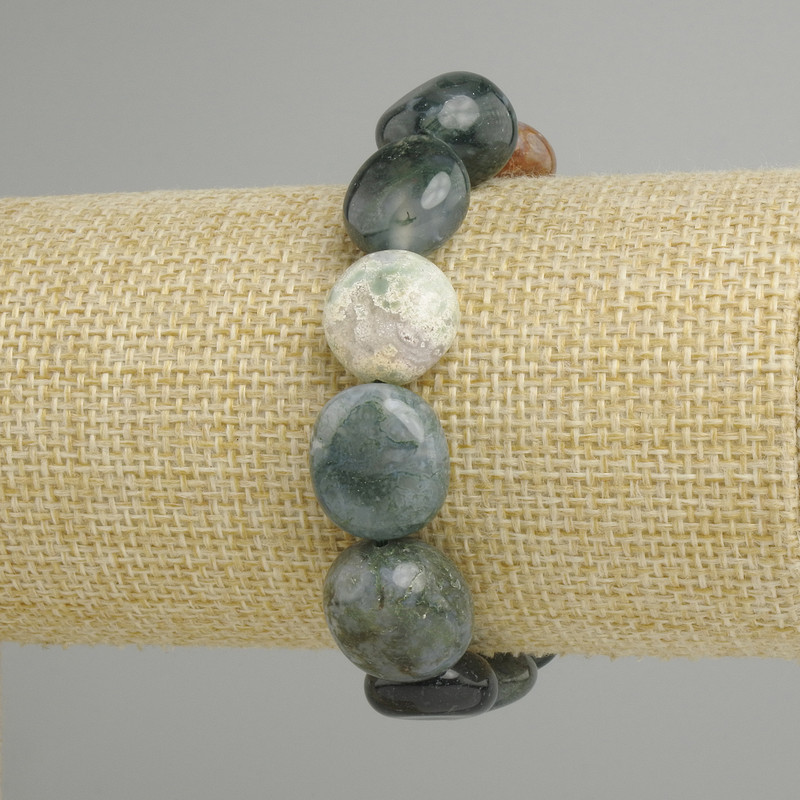 Bracelet Mossy Agate Bead Faceted, diameter 13-16×13-15mm±, length 18cm± stretch