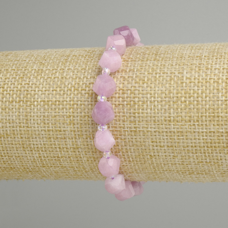 Kunzite Bead Bracelet, Faceted Diamond Shapes, 8x7mm±, 3mm± Beads, 18cm± Stretch