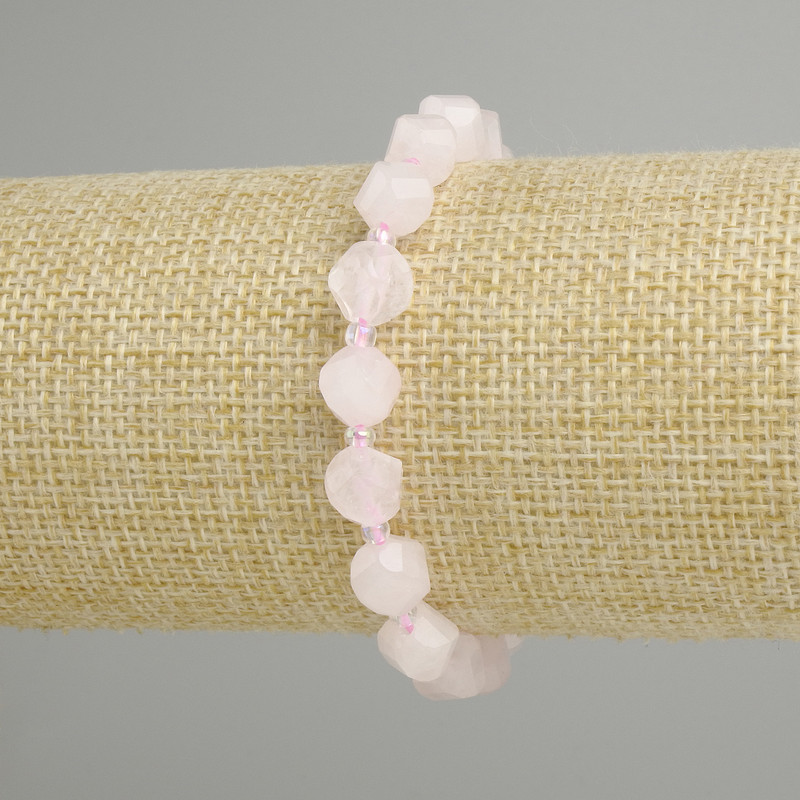 Bracelet Pink Quartz Faceted Diamond-Shaped Beads, 8x7mm+-, 3mm+beads, 18cm+- length