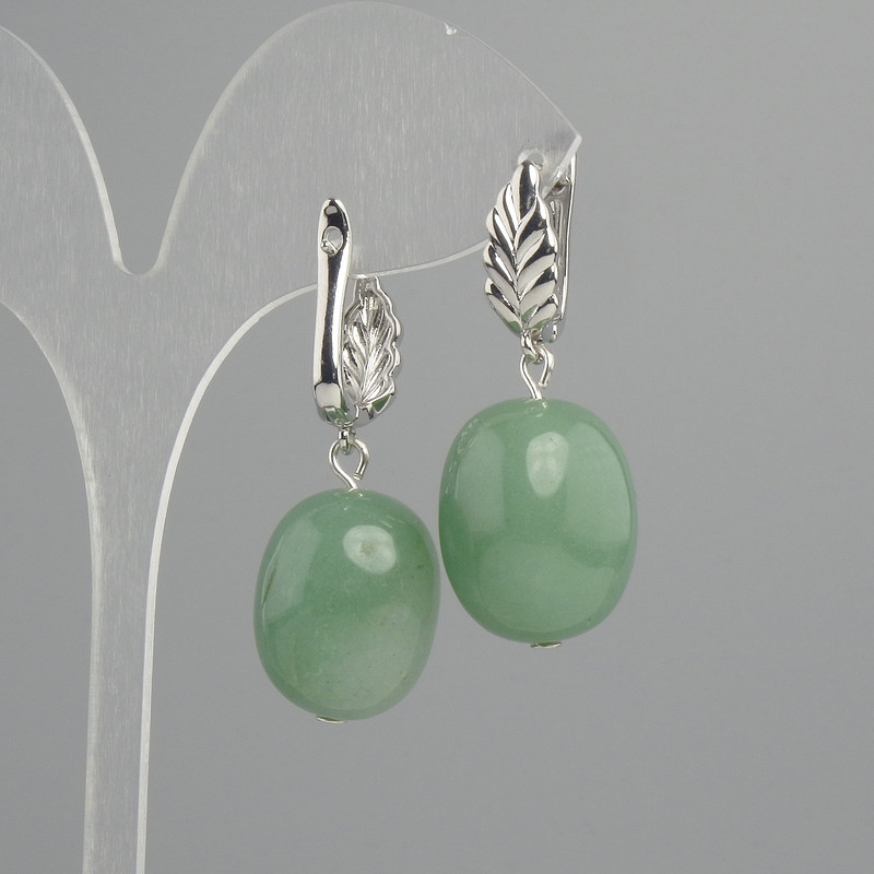 Earrings Jade Nephrite faceted 19x14mm±, length 40mm±, silver metal