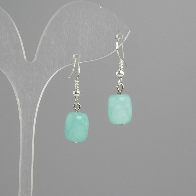 Amazonite Barrel Earrings 11x9mm ±, length about 30mm ±, silver metal
