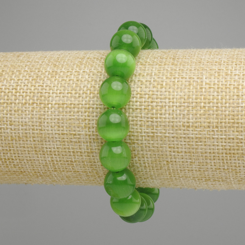 Bracelet Green Cat's Eye Smooth Bead, diameter 11mm ±, length 18cm ± stretch