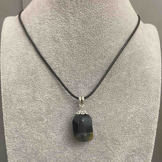 Pendant Tiger's Eye Multisided Cut, diameter 20-21×15mm ± on eco-leather cord 45cm + 5cm chain