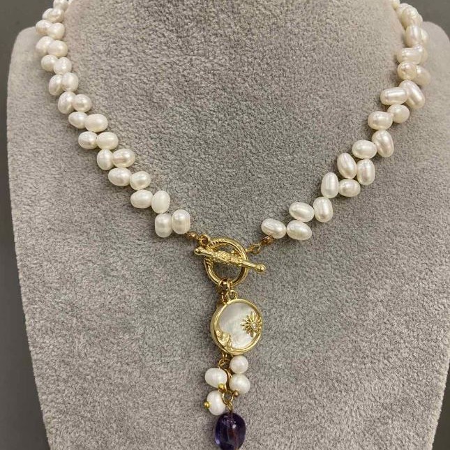 Necklace River Pearls, oval butterfly, diameter 6.5-7.5x4.5-5mm ± with pendants, length 41cm + toggle