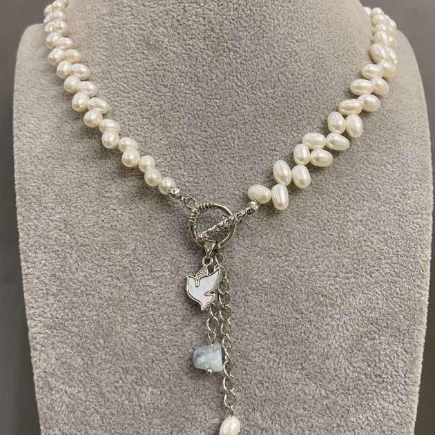 Necklace River Pearls Oval Butterfly, diameter 6.5-7.5×4.5-5mm ± with pendants, length 41cm + toggle