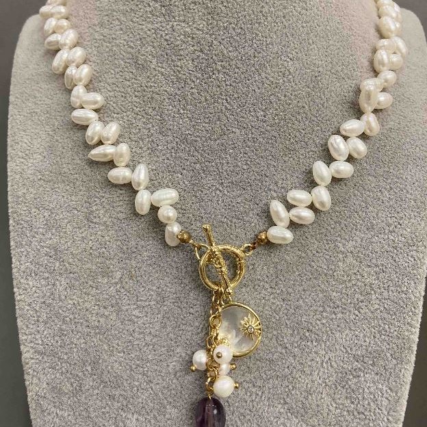Necklace with River Pearls, oval, butterfly pendant, diameter 6.5-7.5 × 4.5-5 mm, length 50 cm + toggle clasp