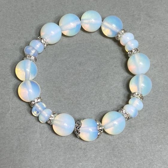 Bracelet Opalite Ball 12mm+ Rondelle 8x5mm+- with Inlays, Length 18cm+- Stretch