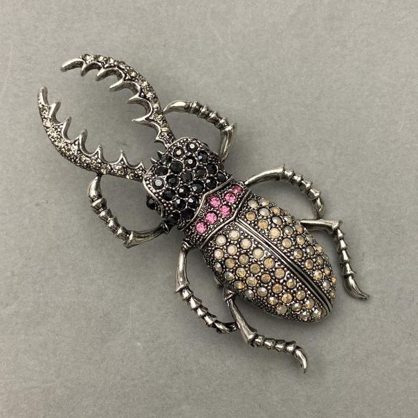 Brooch May Bug with Crystals Silver-Toned Metal 37x78mm