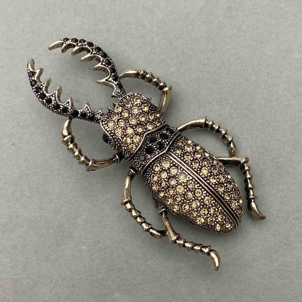 Brooch May Beetle with Rhinestones in Golden Metal 37x78mm