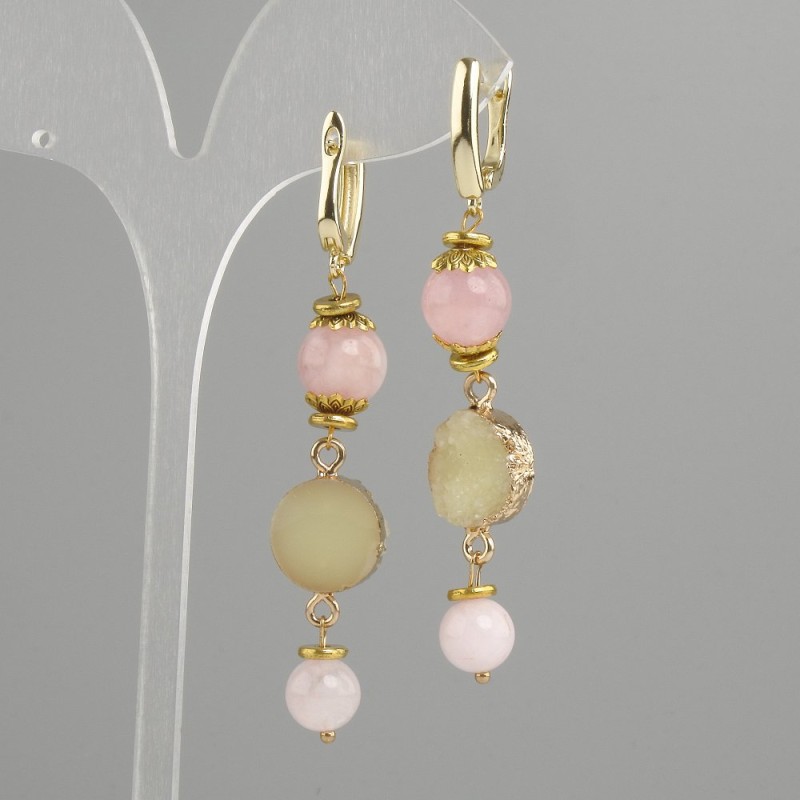 Earrings Pink Quartz Smooth Ball, diameter 8mm± 10mm± Druse, diameter 14mm, length 68mm