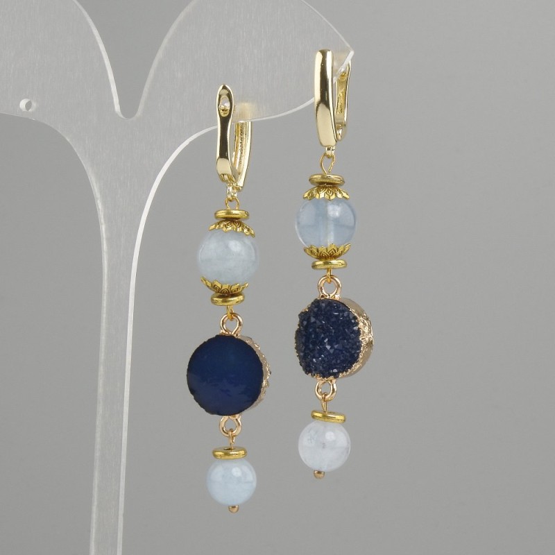Aquamarine earrings with smooth beads, diameter 8mm± 10mm±, faceted bead, diameter 14mm, length 68mm
