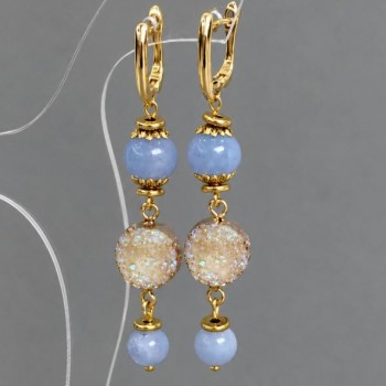 Aquamarine earrings with smooth beads, diameter 8mm± 10mm±, faceted bead, diameter 14mm, length 68mm