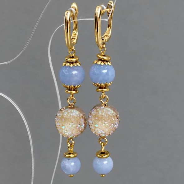 Aquamarine earrings with smooth beads, diameter 8mm± 10mm±, faceted bead, diameter 14mm, length 68mm