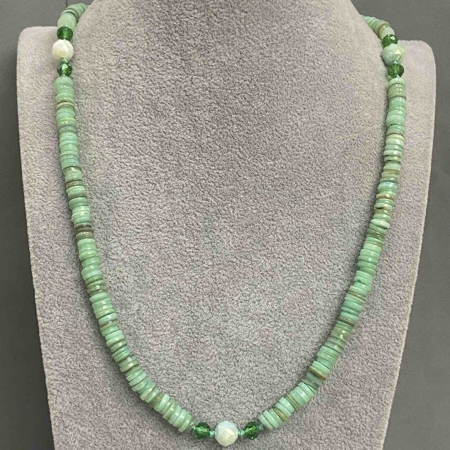 Long Necklace with Shell Scarabka Rondelle 6x2mm+- Czech Crystal Faceted Bead 8mm, length 90cm +