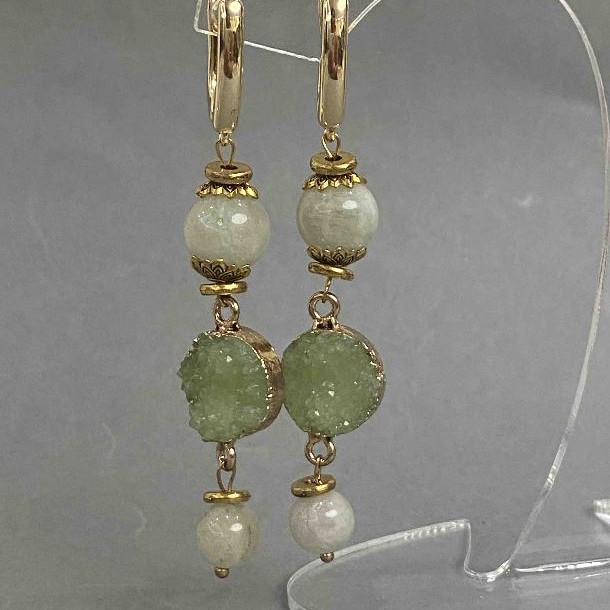 Jadeite Smooth Sphere Earrings, diameter 8mm±, 10mm±, Druse, diameter 14mm, length 68mm