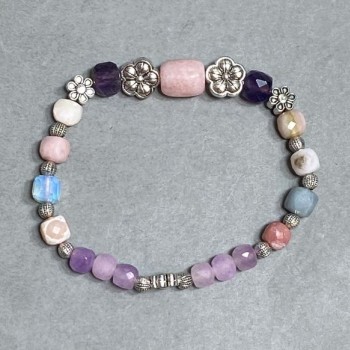 Amethyst and Opal Bead Cubic Stretch Bracelet 5–7 mm, length 18 cm