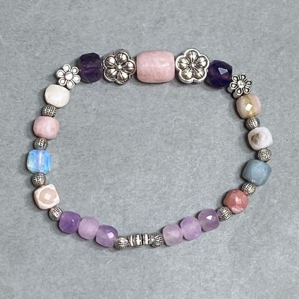 Amethyst and Opal Bead Cubic Stretch Bracelet 5–7 mm, length 18 cm