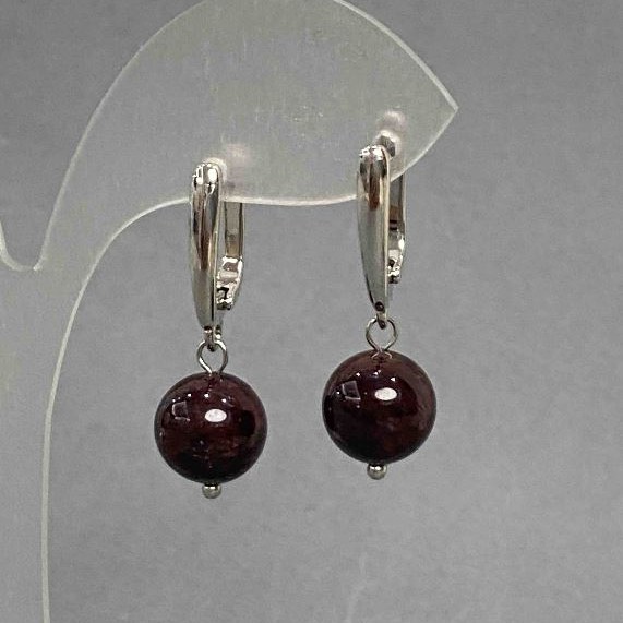 Garnet bead earrings, smooth ball, diameter 10 mm ±, length 18 cm ±