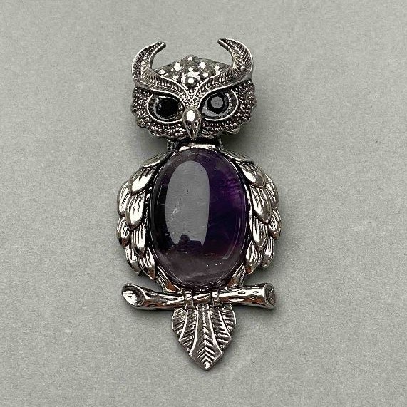 Brooch Pendant Owl Amethyst 60×28mm± black facets silver-tone metal