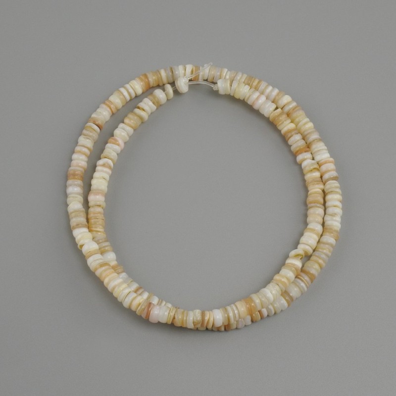 Mother-of-P pearl scallop seed beads Scarface rondelle, diameter 4x1.5–2 mm approx, length 38 cm on thread