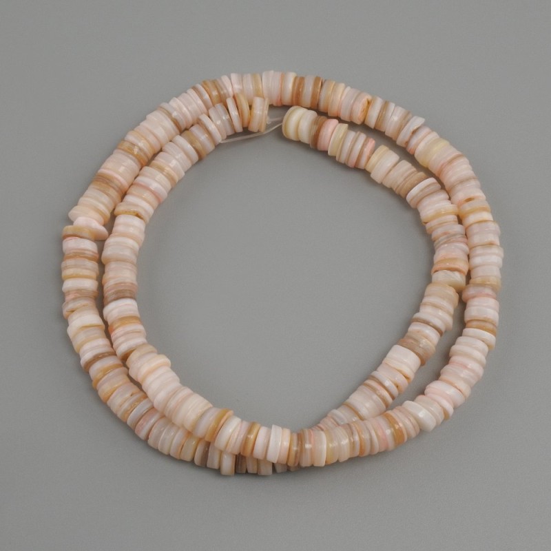 Mother-of-Pearl Scarfa rondelle beads, 6x1.5–2 mm, 39 cm +/- on fishing line