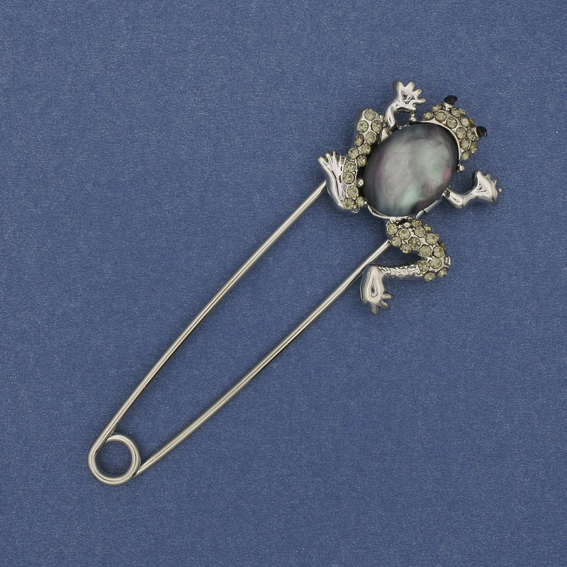 Brooch pin Frog cabochon with crystals silvered metal 80×27mm+