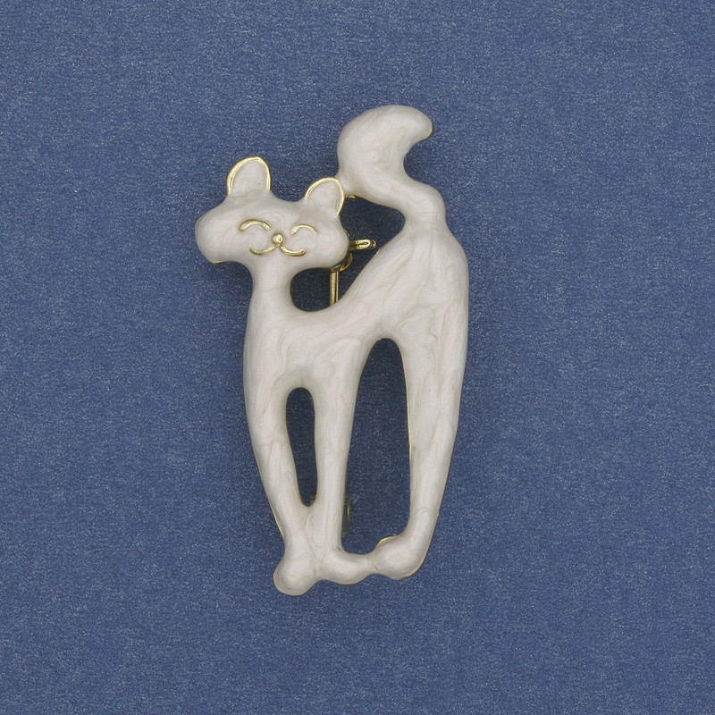 Brooch Pendant Cat White Enamel, Gold-toned Metal 39×22mm ±