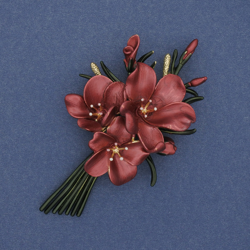 Brooch Pendant Flower Burgundy and Green Enamel 47x80mm+- Gold-Tone Metal