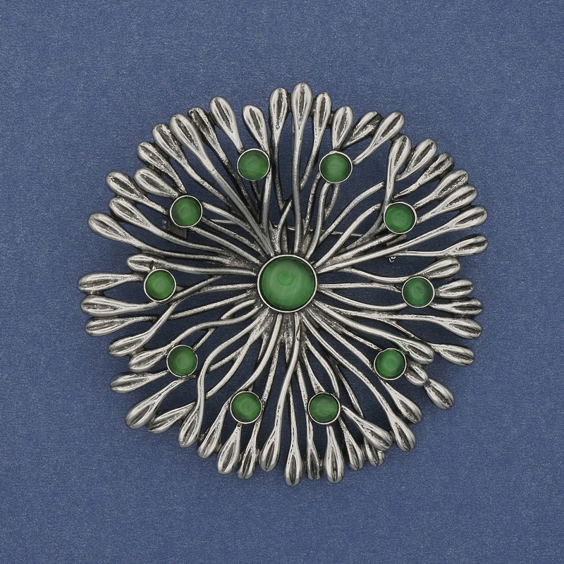 Brooch Pendant Flower Cat’s Eye 60mm+ Silver Tone Metal