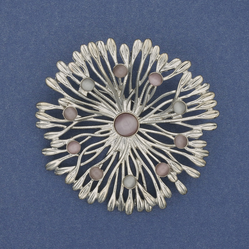 Flower Brooch Pendant Cat's Eye 60mm+ Silver Metal