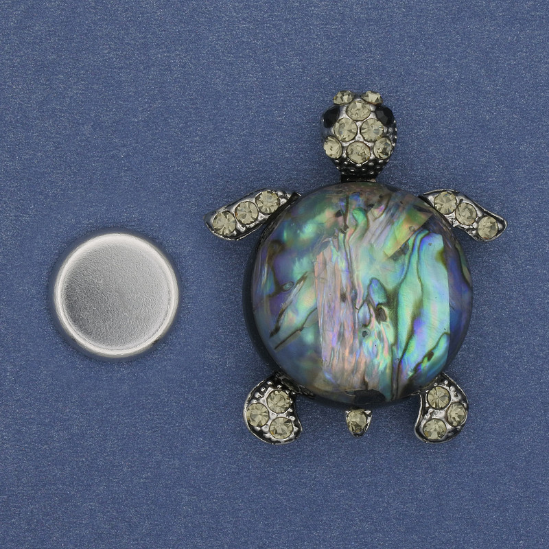 Magnetic turtle brooch with halite 40x34mm±, rhinestones, silver metal