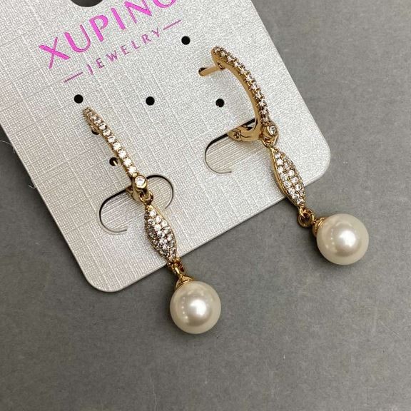 Xuping Earrings with Mallorca Pearl and White Crystals, 43x8mm+-, 18K Gold Plated