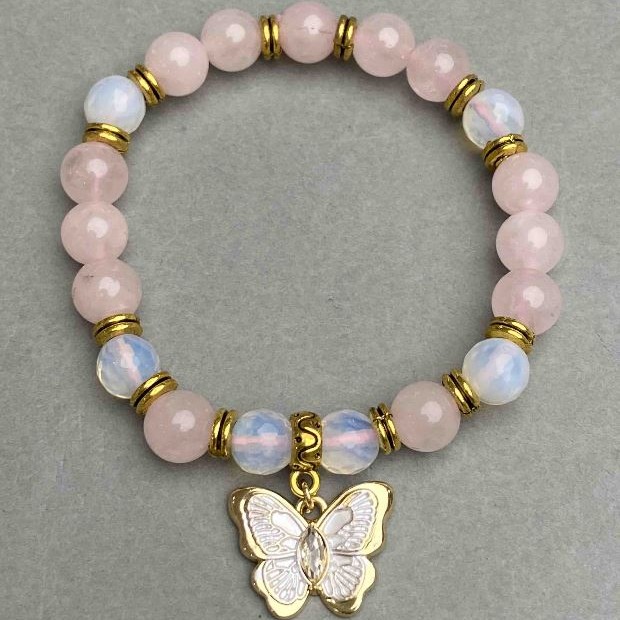 Bracelet Pink Quartz bead 8mm+- Moonstone faceted bead 8mm+- with pendant, length 18cm+- stretch