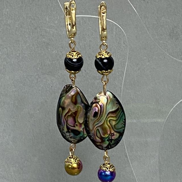 Earrings Haliotis 25x18mm ± Agate Hematite bead 8mm ±, length 78mm ±