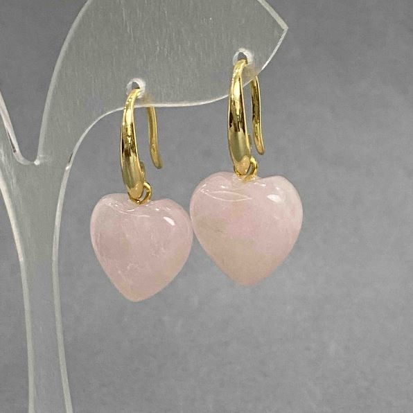 Earrings Pink Quartz heart 15mm+-, length 28mm+