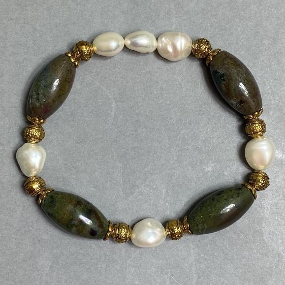 Pearl bracelet 7–9×7–8mm Jasper bead 20×10mm ±, length 18cm stretch