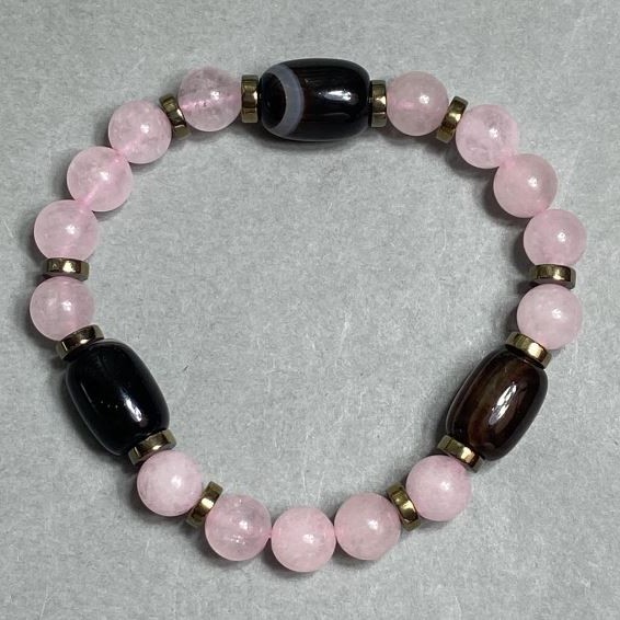 Agate barrel bracelet 14×10mm ± Pink quartz bead 8mm ±, length 18cm ± stretch