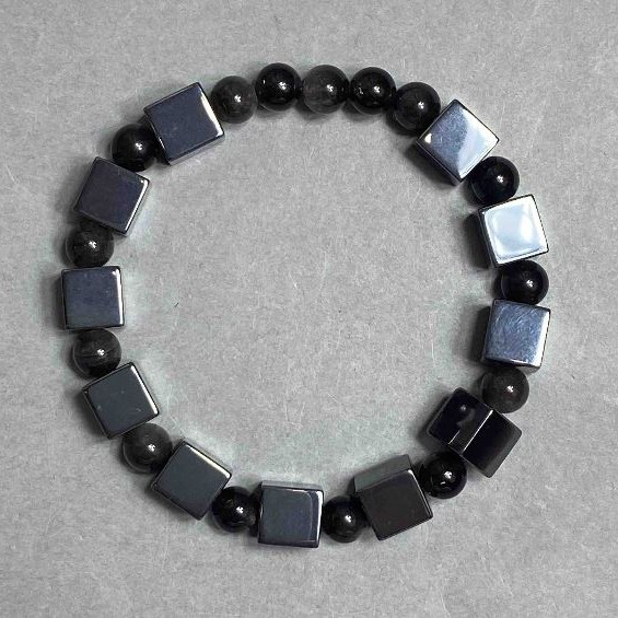 Hematite bracelet cube 8x8mm ± silver-grey obsidian bead 6mm ± length 18cm ± stretch