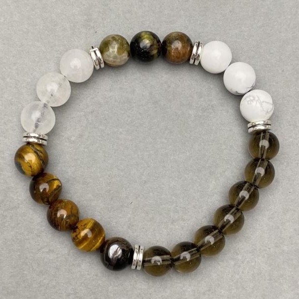 Bracelet Howlite Smoky Quartz Tiger’s Eye smooth bead 8-9mm +-, length 18cm +/- stretch