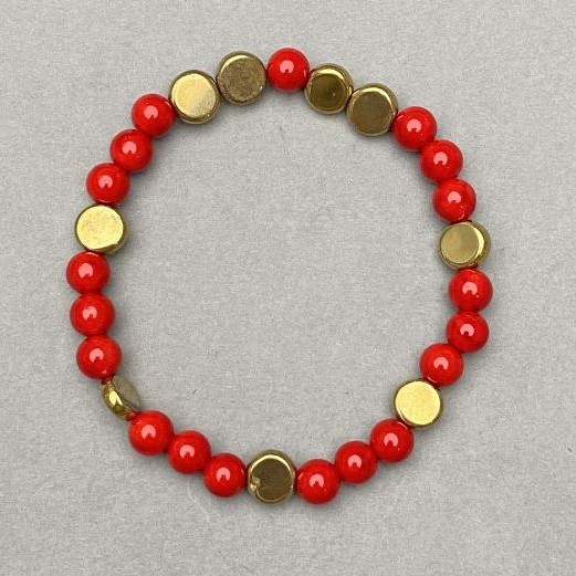 Bracelet Coral, handmade? smooth round bead 6mm±, hematite coin 6mm±, length 18cm±, stretch