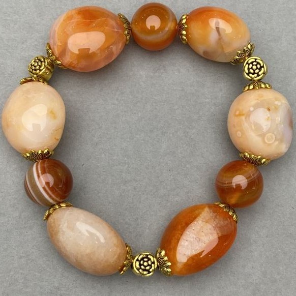 Bracelet Carnelian tumbled 20x17mm ± Agate bead 12mm ± with inserts, length 18cm ± stretch