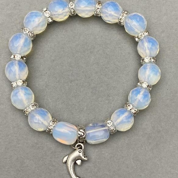 Opalite bracelet faceted round bead 10mm+- block 11x8mm+- with inserts, length 18cm+- stretch