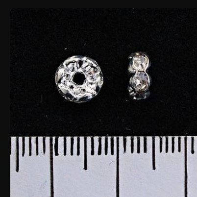Rondelle separator/row spacer with white rhinestones, silver metal colour, 5mm, 100 pcs / pack