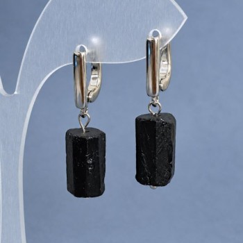 Earrings Tourmaline Schorl, unpolished stone, 14x9mm ±, length 32mm ±, silver-toned metal